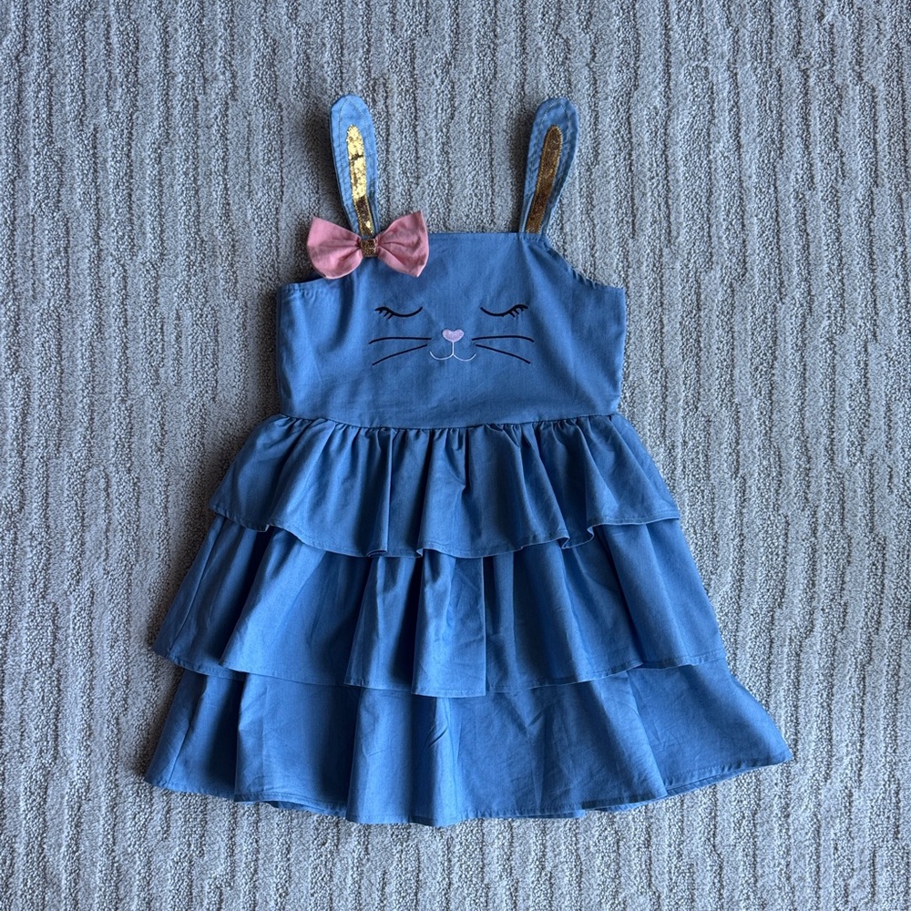Mia Belle Girls Denim blue Ruffled Bunny Dress with gold ears size 7-8
